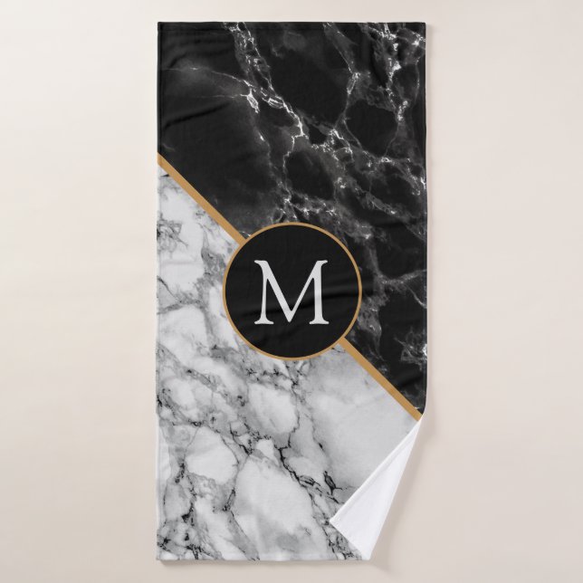 Monogram Letter Bath Towels Black White Marble (Bath Towel)