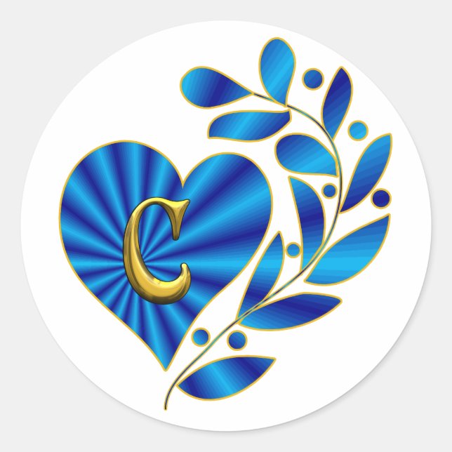 Monogram Letter C Blue Heart Classic Round Sticker (Front)