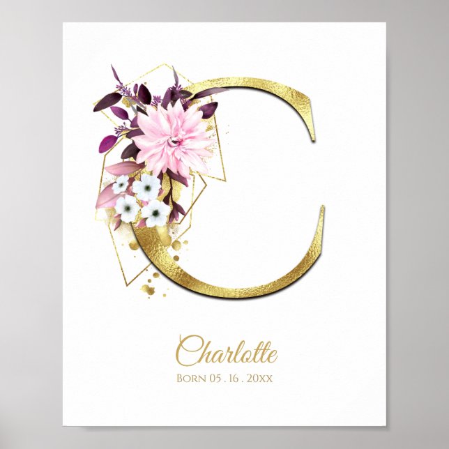 Monogram Letter C Gold Foil & Pink Floral Nursery Poster (Front)