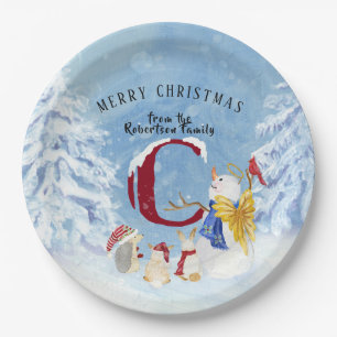 Monogram Letter C Snowy Christmas Angel Snowman Paper Plate