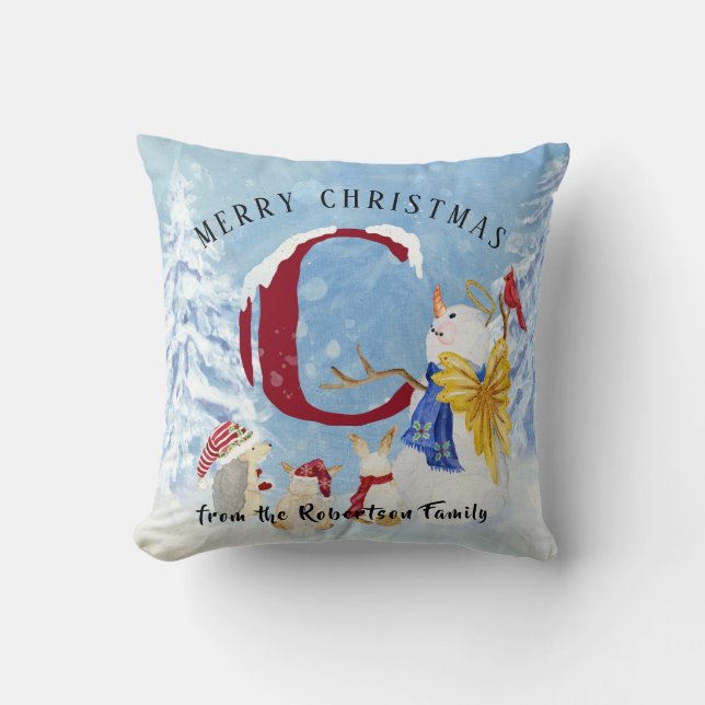 Monogram Letter C Snowy Christmas Angel Snowman Throw Pillow (Front)