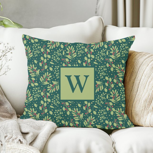 Monogram Letter Christmas Greenery Throw Pillow (Creator Uploaded)