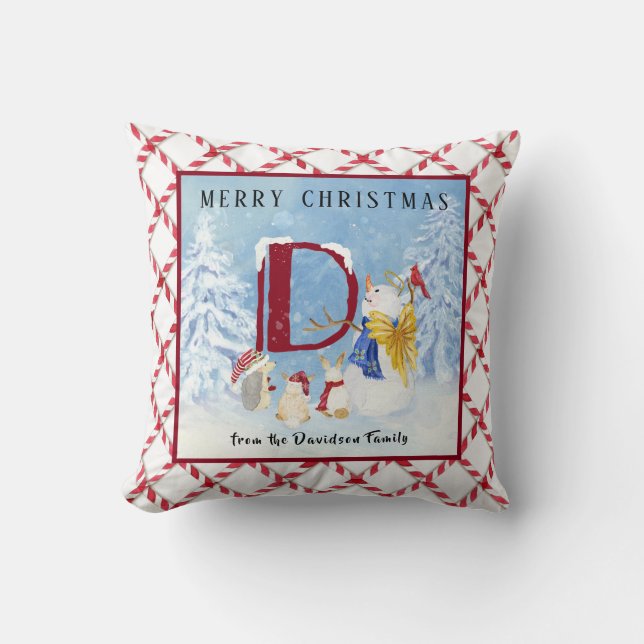 Monogram Letter D Cute Angel Snowman Christmas Throw Pillow (Front)