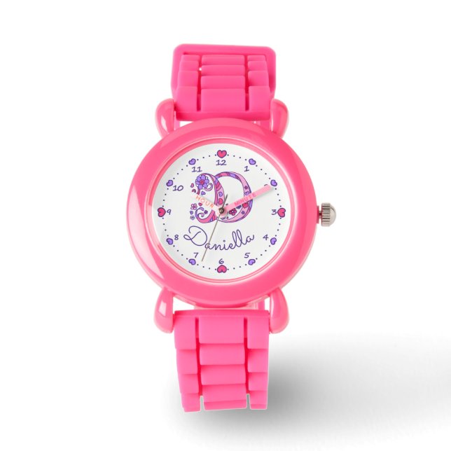 Monogram letter D doodle heart girls name watch (Front)