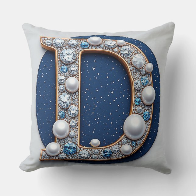 Monogram Letter D Navy Pearl Accent Throw Pillow (Front)