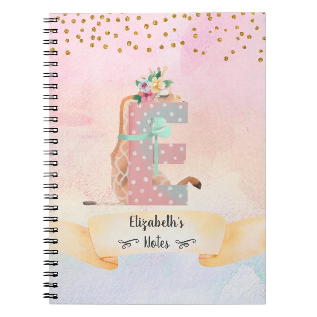 Monogram Letter E Baby Giraffe Girly Notebook (Front)