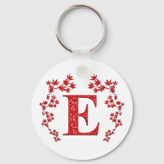 Monogram Letter E Red Leaves Keychain (Front)