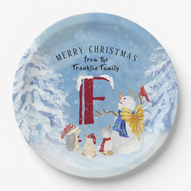 Monogram Letter F Adorable Angel Snowman Forest Paper Plate (Front)