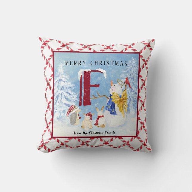 Monogram Letter F Adorable Angel Snowman Forest Throw Pillow (Front)