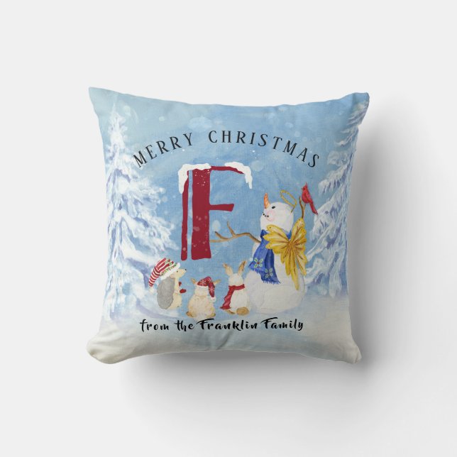 Monogram Letter F Adorable Angel Snowman Forest Throw Pillow (Front)