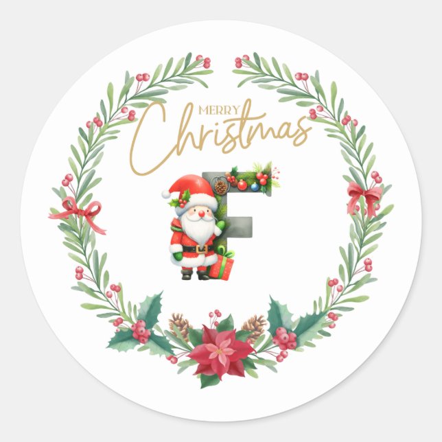 Monogram letter F, Christmas Wreath w/ Santa Claus Classic Round Sticker (Front)