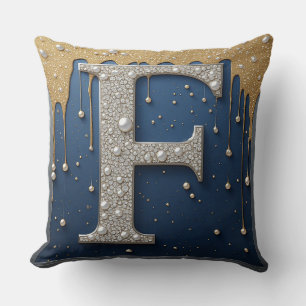 Monogram Letter F Navy Gold Dripping Paint Throw Pillow
