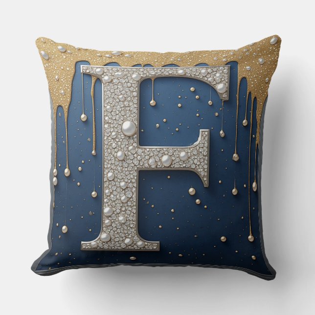 Monogram Letter F Navy Gold Dripping Paint Throw Pillow (Front)
