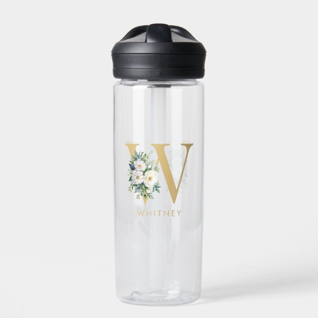 Monogram Letter Floral Initial Name Water Bottle (Front)