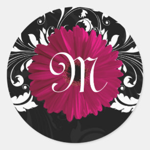Monogram Letter Fuchsia, Black/White Gerbera Daisy Classic Round Sticker
