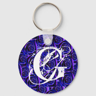 Monogram Letter G Blue Roses Keychain