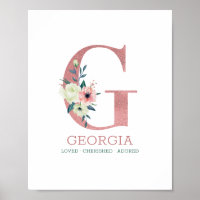 Monogram Letter G Pink Watercolor Floral Nursery