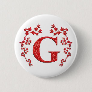 Monogram Letter G Red Leaves 2 Inch Round Button