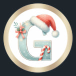 Monogram letter G, Santa hat Christmas  Sticker<br><div class="desc">This design features a watercolor illustration of letter G with Santa hat and candy cane.</div>