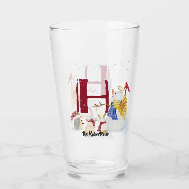Monogram Letter H Winter Trees Christmas Snowman Glass (Back)