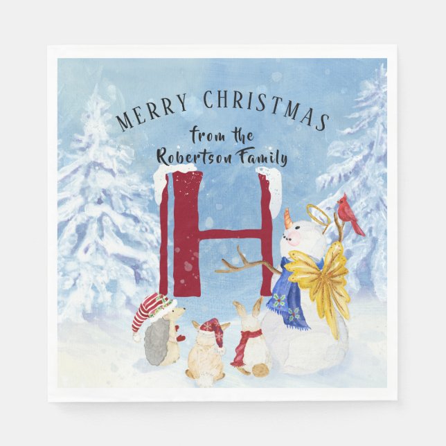 Monogram Letter H Winter Trees Christmas Snowman Napkin (Front)