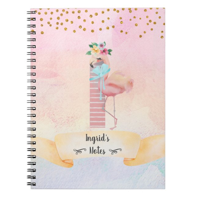 Monogram Letter I Flamingo Girly Notebook (Front)