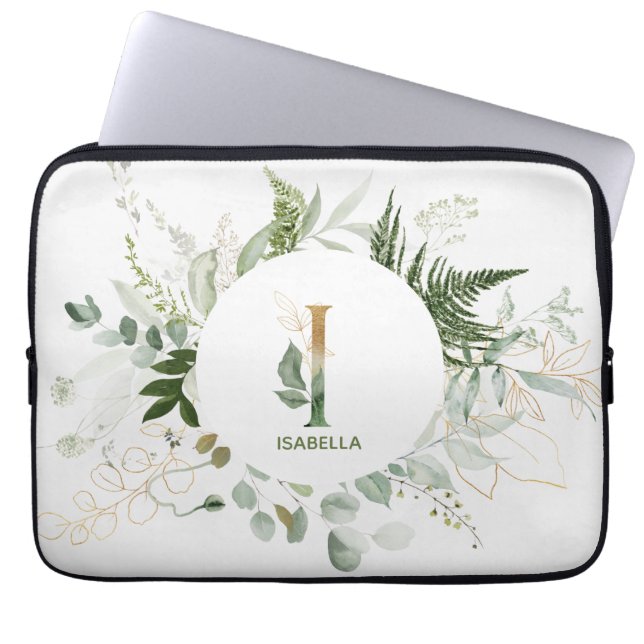 Monogram Letter I Foliage Wreath Laptop Sleeve (Front)