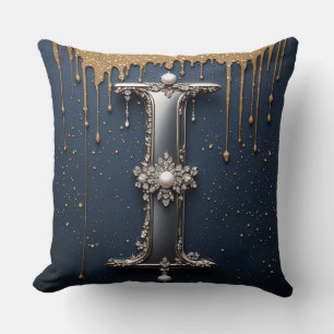 Monogram Letter I Navy Gold Dripping Paint Throw Pillow