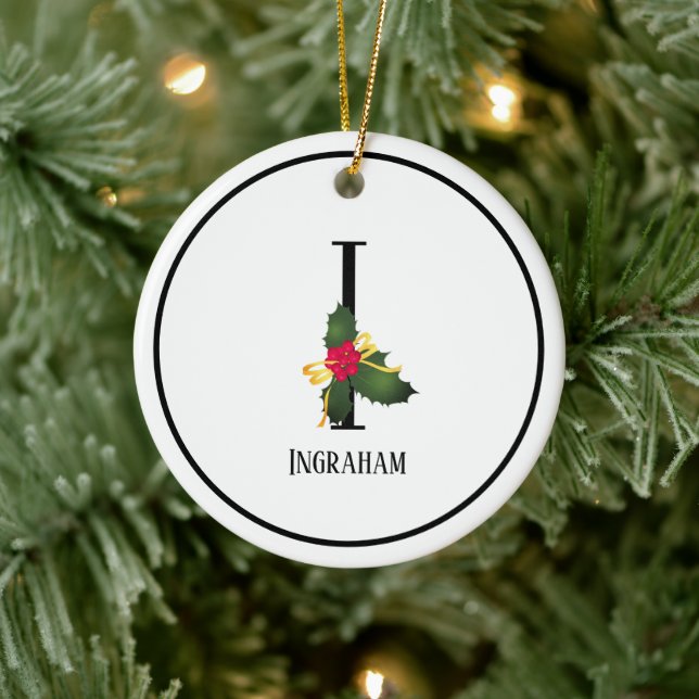 Monogram Letter I Personalized Name Christmas Ceramic Ornament (Tree)