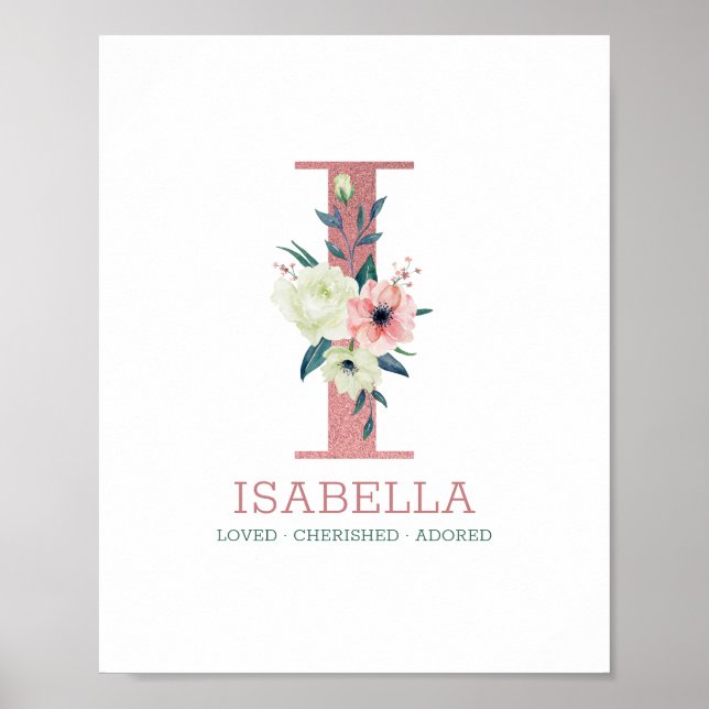 Monogram Letter I Pink Watercolor Floral Nursery Poster (Front)