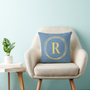 Monogram Letter Initial Dusty Blue Gold Circles Throw Pillow