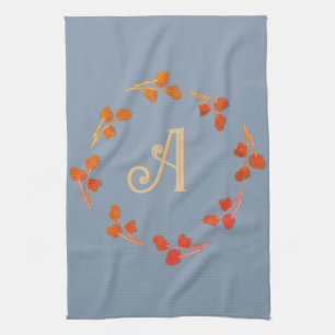 Monogram Letter Initial Dusty Blue Retro Berry Kitchen Towel