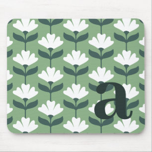 Monogram Letter Initial Green Vintage Flowers Mouse Pad