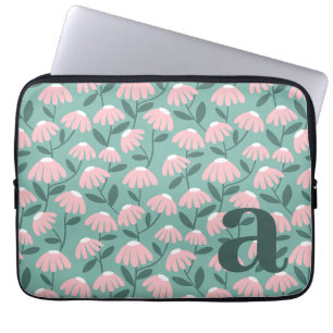Monogram Letter Initial Pink Green Floral Pattern Laptop Sleeve