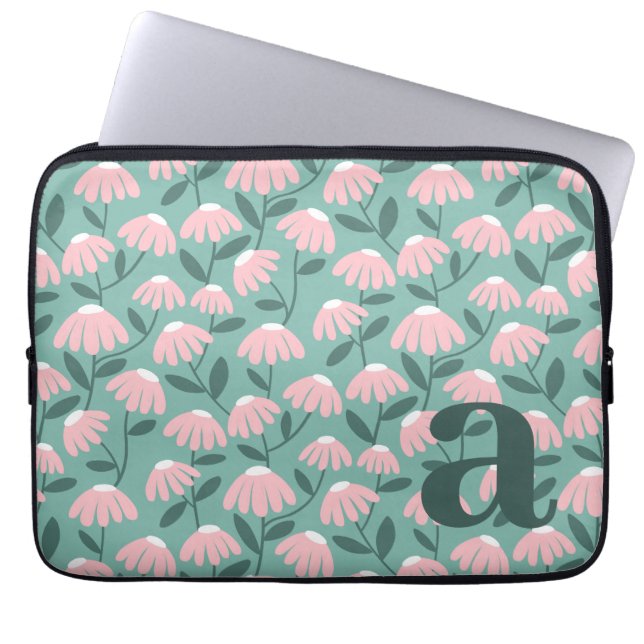 Monogram Letter Initial Pink Green Floral Pattern Laptop Sleeve (Front)