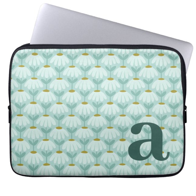 Monogram Letter Initial Teal Blue Vintage Floral Laptop Sleeve (Front)