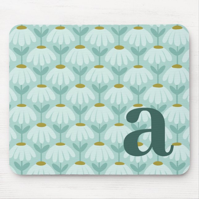 Monogram Letter Initial Teal Blue Vintage Floral Mouse Pad (Front)