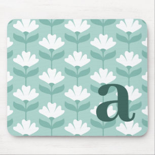 Monogram Letter Initial Teal Blue Vintage Flowers Mouse Pad