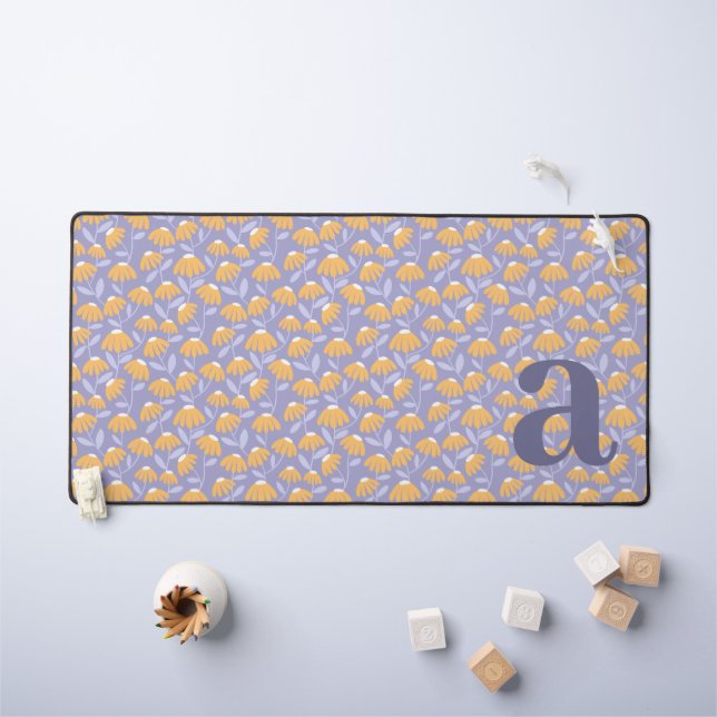 Monogram Letter Initial Yellow Blue Floral Pattern Desk Mat (Kids Table)