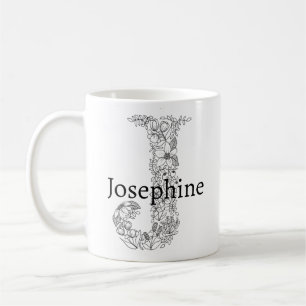 Monogram Letter J Black White Botanical Floral Coffee Mug