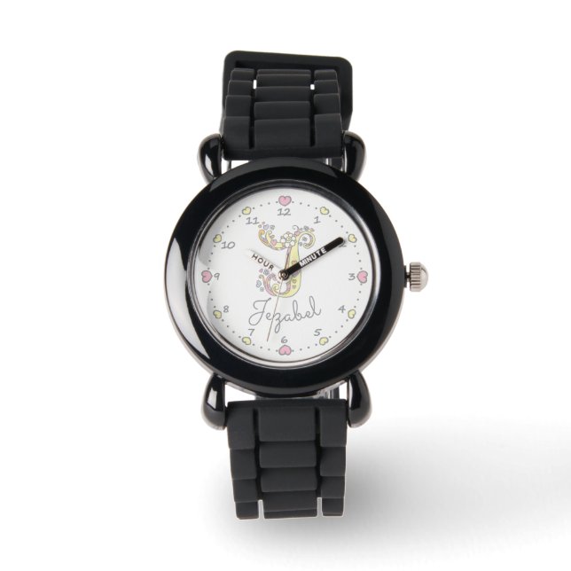 Monogram letter J doodle heart art name Jezabel Watch (Front)