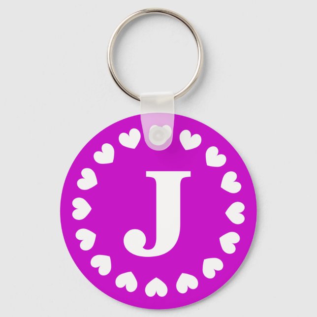 Monogram letter J keychain with white love hearts (Front)
