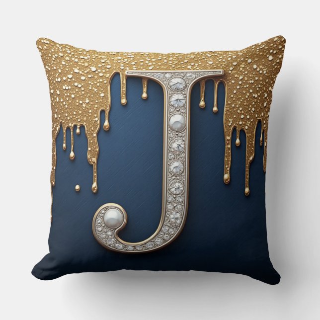 Monogram Letter J Navy Gold Dripping Paint Throw Pillow (Front)