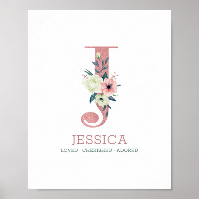 Monogram Letter J Pink Watercolor Floral Nursery Poster (Front)