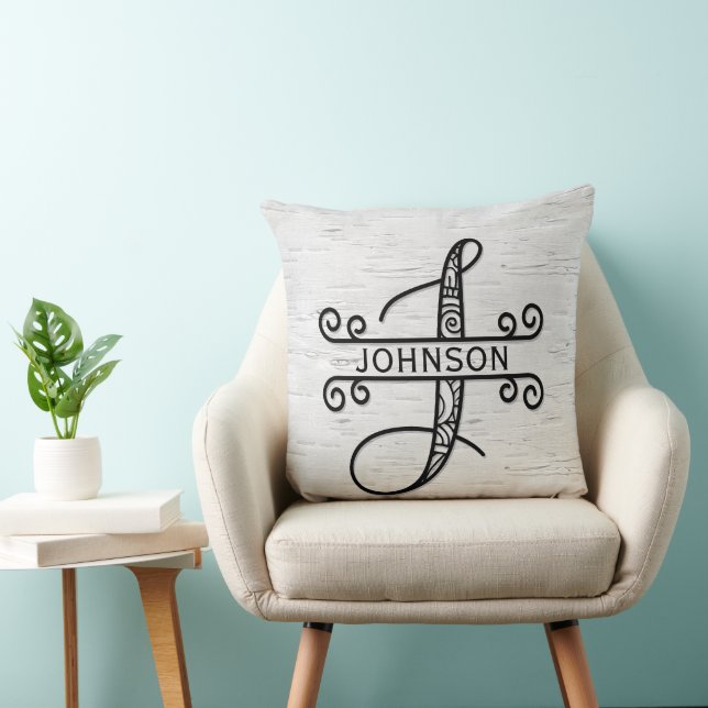 Monogram Letter J with Family Name   Throw Pillow (Chair)
