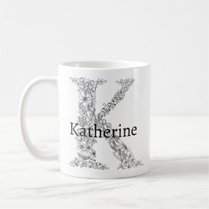 Monogram Letter K Black White Botanical Floral Coffee Mug
