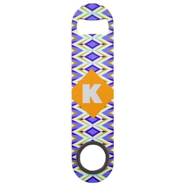 Monogram Letter K Blue and Orange Argyle geometric Bar Key (Back)
