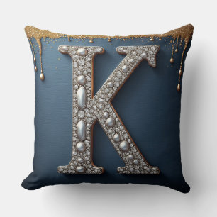 Monogram Letter K Navy Gold Dripping Paint Pearl Throw Pillow