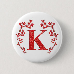 Monogram Letter K Red Leaves 2 Inch Round Button