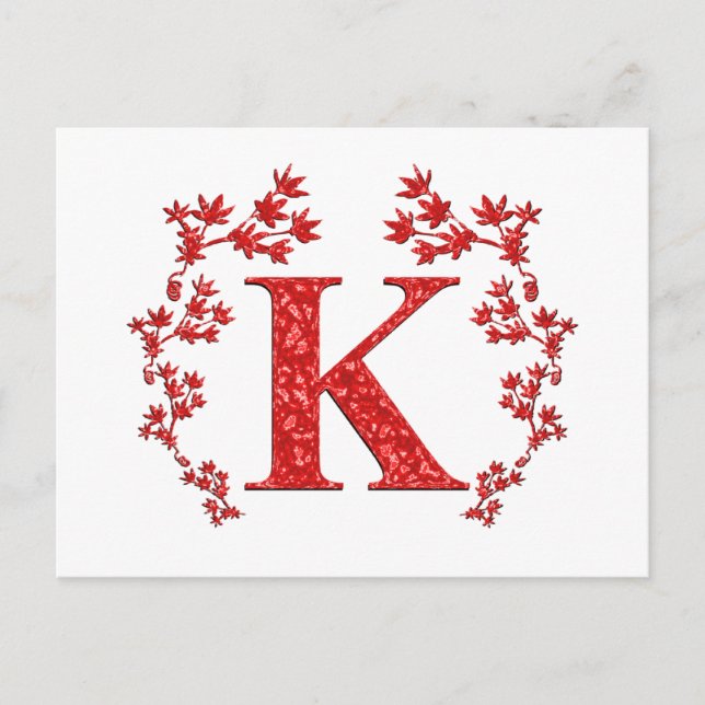 Monogram Letter K Red Leaves Postcard (Front)